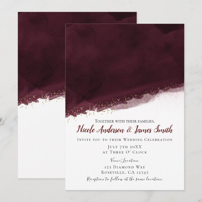 Invitation Aquarelle cerise noire et or mariage chic moderne (Devant / Derrière)