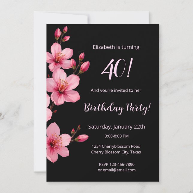 Invitation Aquarelle Cerisier Fleurs Rose Noir Anniversaire (Devant)