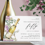 Invitation Aquarelle Champagne Élégante 50e anniversaire fémi<br><div class="desc">Invitations modernes à 50e anniversaire avec une illustration aquarelle d'une bouteille de champagne entourée de fleurs violettes en fleurs. Un grand "cinquante" texte est écrit en script,  pour une invitation amusante mais élégante avec une coordination couleur vert pâle au verso.</div>