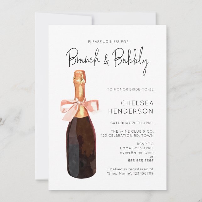 Invitation Aquarelle Champagne Rose Brunch & Douche Bubbly (Devant)