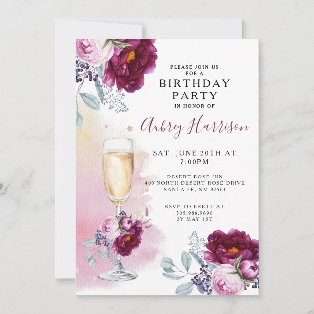 Invitation Aquarelle Champagne Verre Floral Anniversaire (Devant)