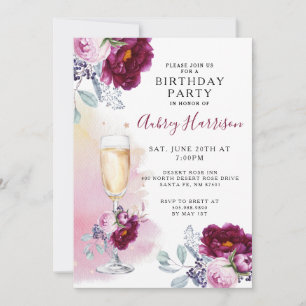 Invitation Aquarelle Champagne Verre Floral Anniversaire