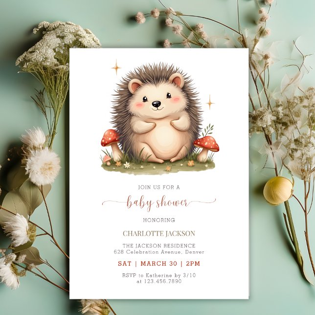 Invitation Aquarelle Champignons Cute Hérisson Baby shower (Watercolor Mushrooms Cute Hedgehog Baby Shower Invitation)