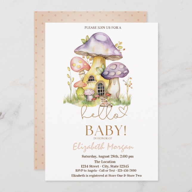 Invitation Aquarelle Champignons Fleurs Points Baby shower (Devant / Derrière)