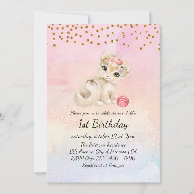 Invitation Aquarelle Chat bébé et fleurs 1er anniversaire (Devant)