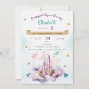 Invitation Aquarelle Château Nuages Étoiles Anniversaire