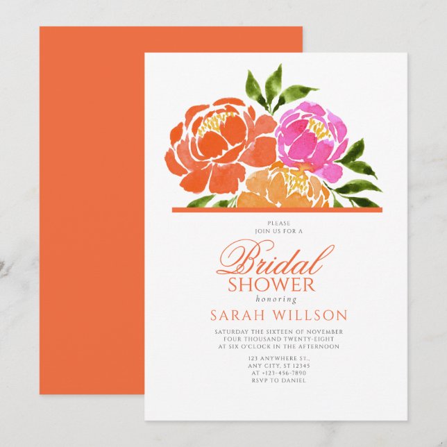Invitation Aquarelle Chaud rose Orange Floral douche nuptiale (Devant / Derrière)