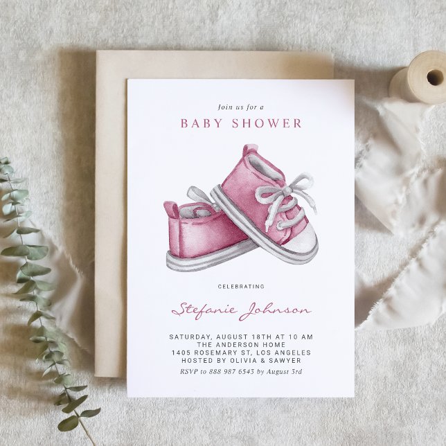 Invitation Aquarelle Chaussons Bébé Rose Code QR Baby Shower (Pink baby booties and a QR code make this baby shower invitation sweet and convenient.)
