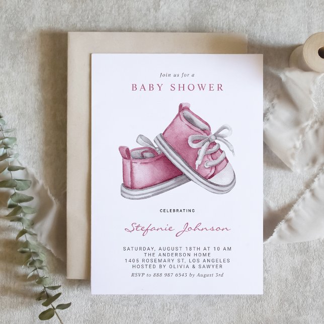 Invitation Aquarelle Chaussures pour bébé rose C'est un Baby  (Créateur téléchargé)