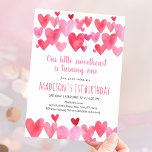 Invitation Aquarelle Chérie Coeurs Premier anniversaire<br><div class="desc">Ce design adorable présente des coeurs aquarelles peints à la main.</div>