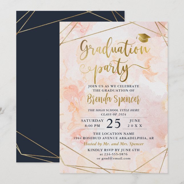 Invitation Aquarelle Chic Blush Gold Graduation géométrique (Devant / Derrière)
