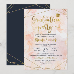 Invitation Aquarelle Chic Blush Gold Graduation géométrique