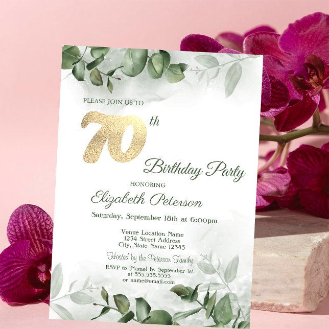 Invitation Aquarelle Chic Eucalyptus verdure 70e anniversaire (Créateur téléchargé)
