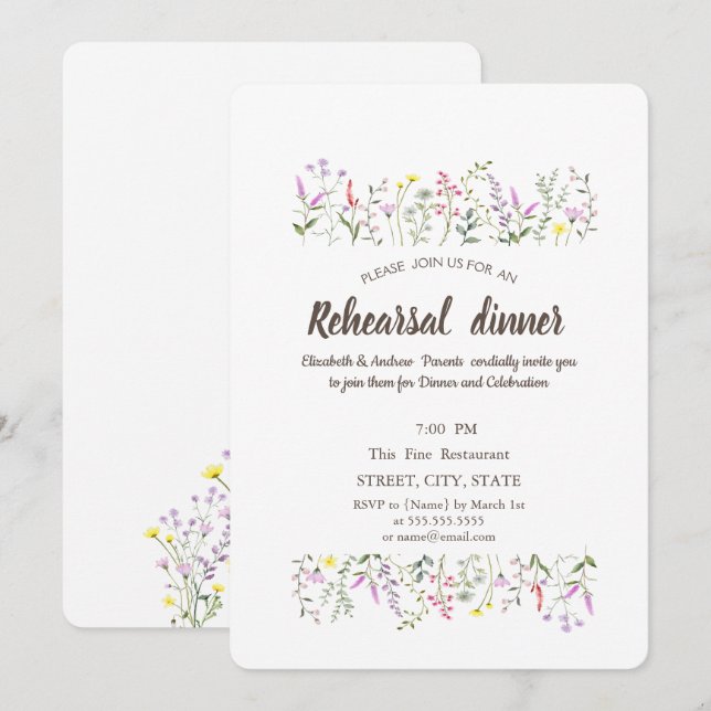 Invitation Aquarelle Chic Fleur Sauvage (Devant / Derrière)