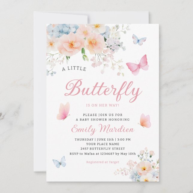 Invitation Aquarelle Chic Papillon rose Bébé Fille Douche (Devant)