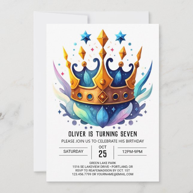 Invitation Aquarelle Chic Prince Crown Anniversaire (Devant)