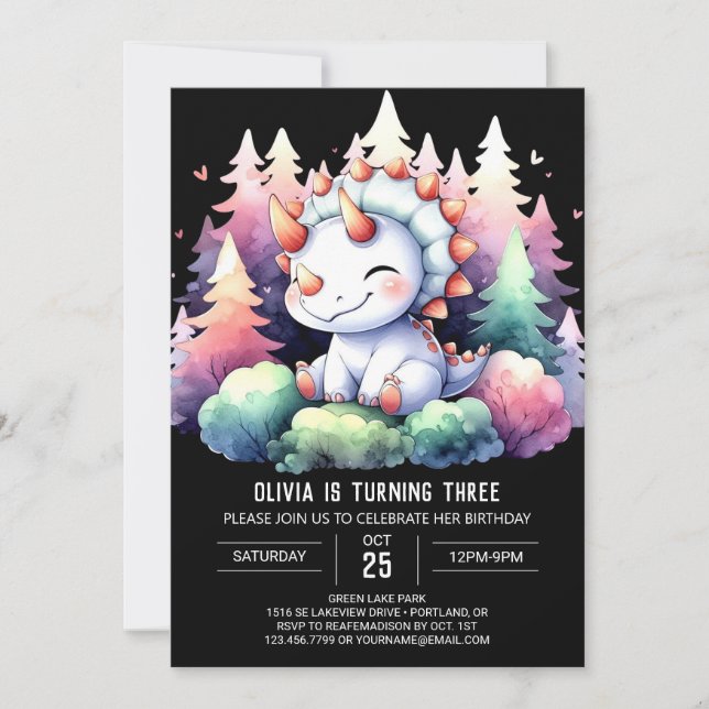 Invitation Aquarelle Chic Triceratops Anniversaire (Devant)