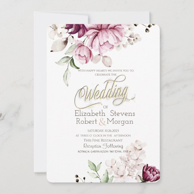 Invitation Aquarelle Chic Violet Fleurs Mariage (Devant)