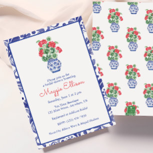 Invitation Aquarelle Chinoiserie Vase des Geraniums rouges