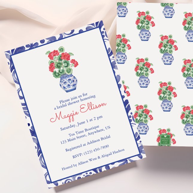 Invitation Aquarelle Chinoiserie Vase des Geraniums rouges (Créateur téléchargé)