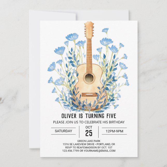 Invitation Aquarelle Chord Guitare Garçon Anniversaire (Devant)