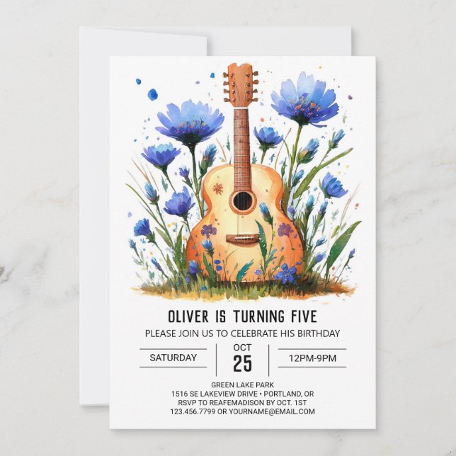 Invitation Aquarelle Chord Guitare Garçon Anniversaire (Devant)