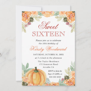 Invitation Aquarelle Chute Citrouille Sweet sixteen