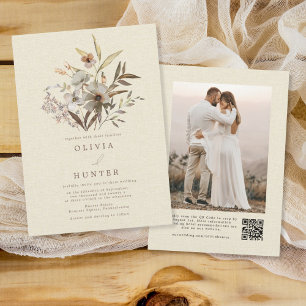 Invitation Aquarelle Chute Fleurs sauvages Faux Linge Mariage