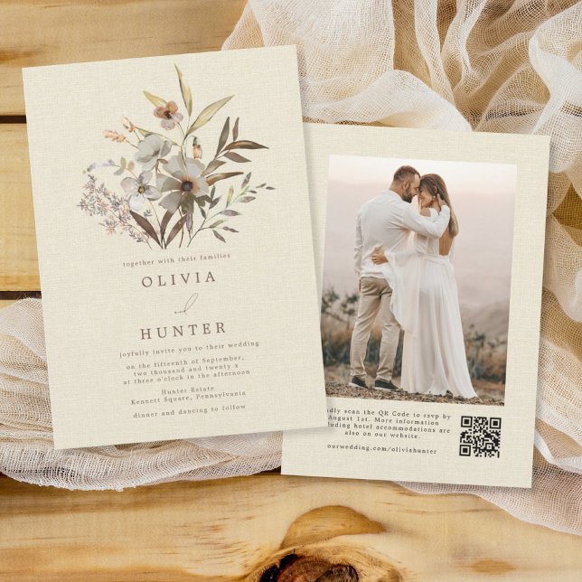 Invitation Aquarelle Chute Fleurs sauvages Faux Linge Mariage (Créateur téléchargé)