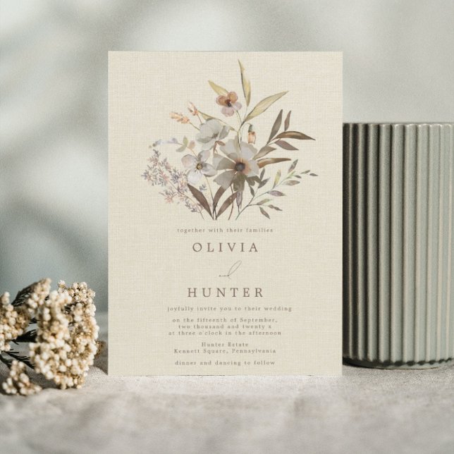 Invitation Aquarelle Chute Fleurs sauvages Faux Linge Mariage (Créateur téléchargé)