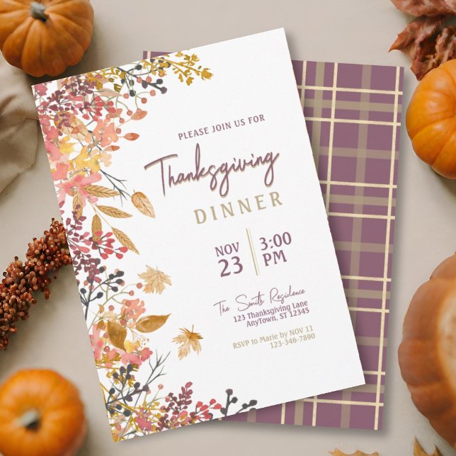 Invitation Aquarelle chute plaid floral Thanksgiving Dîner (Créateur téléchargé)