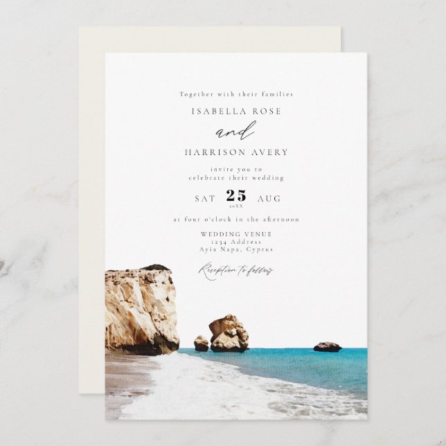 Invitation Aquarelle Chypre Aphrodite Beach Mariage Océan (Devant / Derrière)