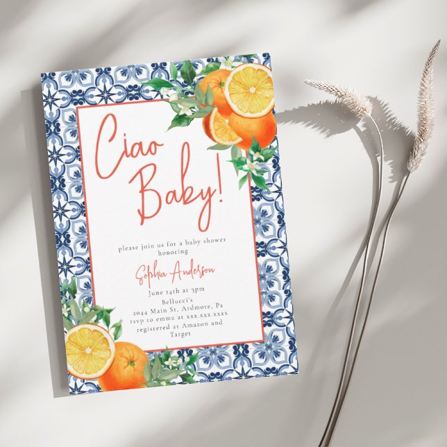 Invitation Aquarelle Ciao, Bébé ! Baby shower orange (Créateur téléchargé)