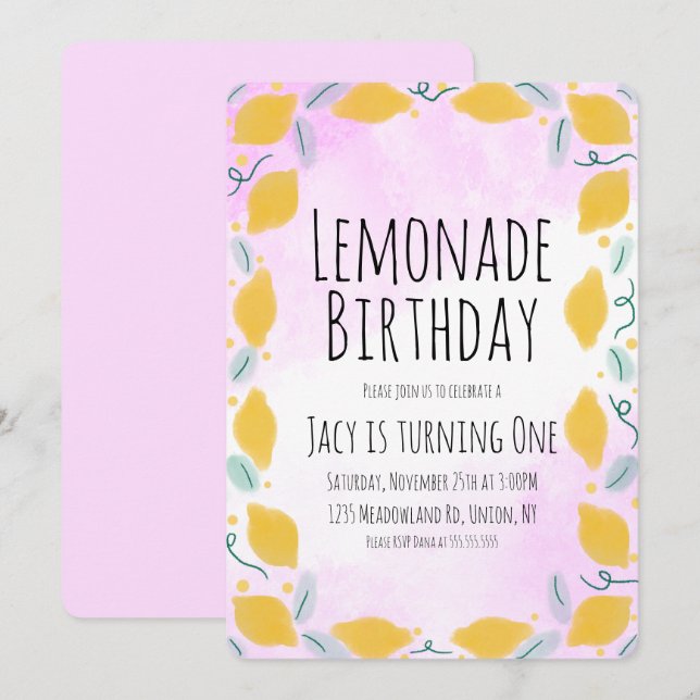 Invitation Aquarelle Citron Anniversaire Rose Jaune Bordure A (Devant / Derrière)