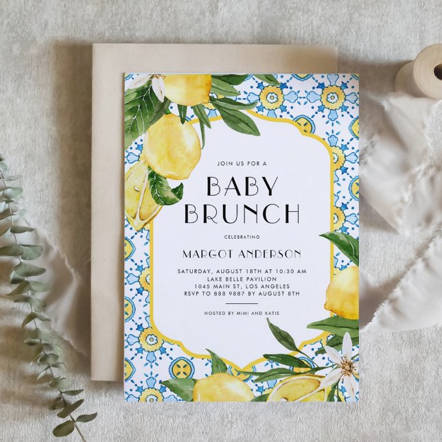 Invitation Aquarelle Citron Baby shower méditerranéen Brunch (Mediterranean-inspired foil baby brunch invitation featuring watercolor tile pattern and lemons. )