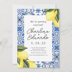 Invitation Aquarelle Citron bleu carrelage méditerranéen Mari