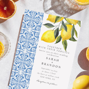 Invitation Aquarelle Citron bleu carrelage méditerranéen Mari