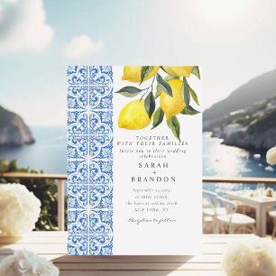 Invitation Aquarelle Citron bleu carrelage méditerranéen Mari