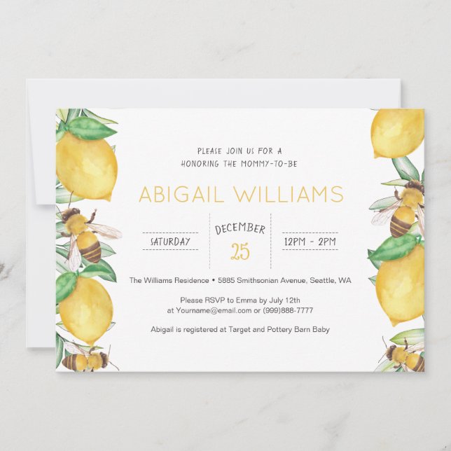 Invitation Aquarelle citron et abeille Baby shower verdoyant (Devant)