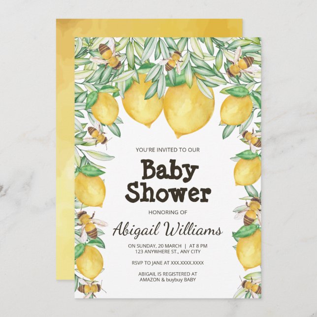 Invitation Aquarelle citron et abeille Baby shower verdoyant (Devant / Derrière)