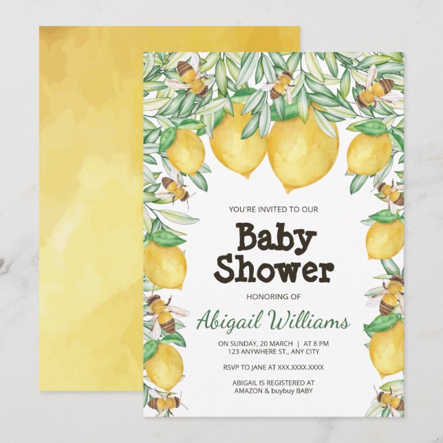Invitation Aquarelle citron et abeille Baby shower vert Invit (Devant / Derrière)