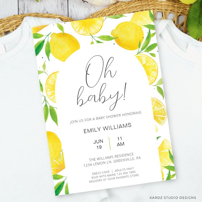 Invitation Aquarelle Citron été Oh Baby shower bébé (Citrus Lemon Baby Shower Invitation is shown in size 5 x 7 in. Digital download available.)