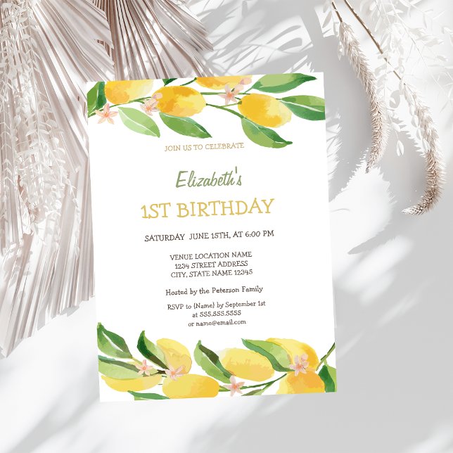 Invitation Aquarelle Citron Fleurs Anniversaire (Créateur téléchargé)