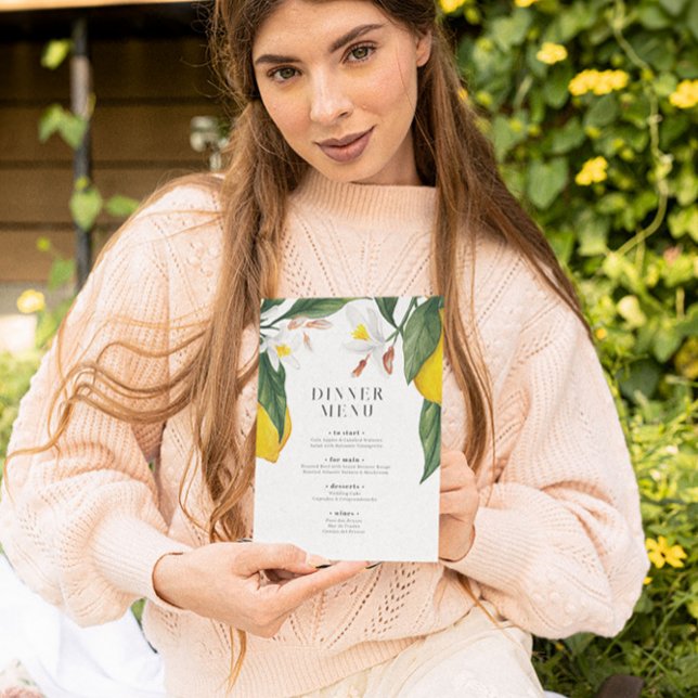 Invitation Aquarelle Citron, Mariage Fleur Blanche Menu (Créateur téléchargé)