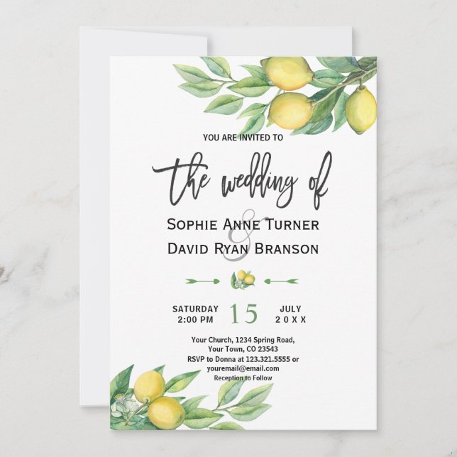 Invitation Aquarelle Citron Tropical Mariage (Devant)