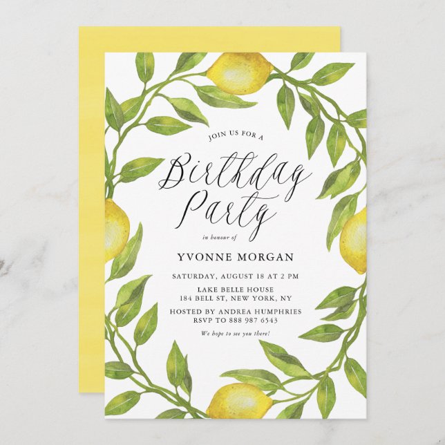 Invitation Aquarelle Citron vert Wreath fête d'anniversaire (Devant / Derrière)