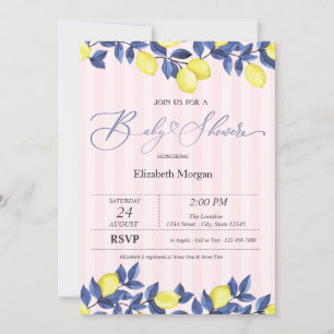 Invitation Aquarelle Citrons Baby shower à rayures roses