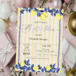 Invitation Aquarelle Citrons Baby shower rayures jaunes
