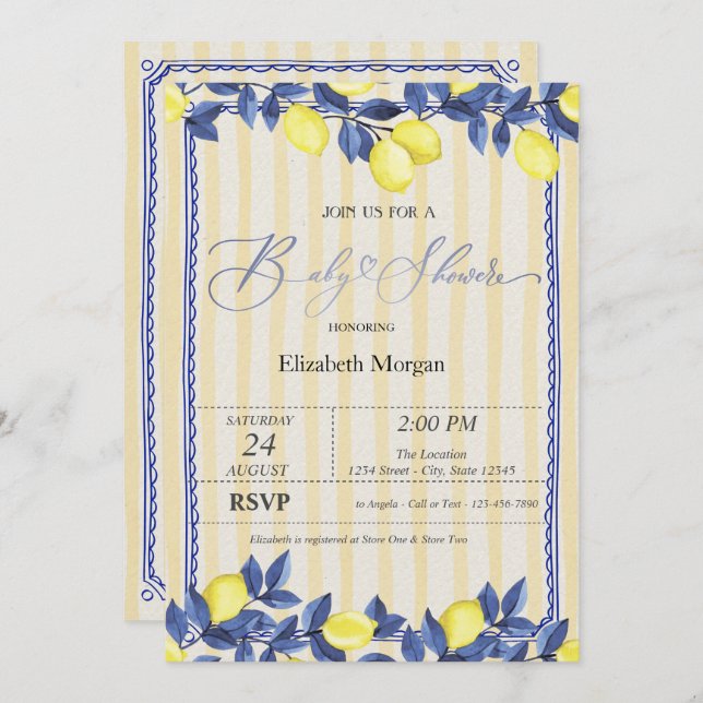 Invitation Aquarelle Citrons Baby shower rayures jaunes (Devant / Derrière)