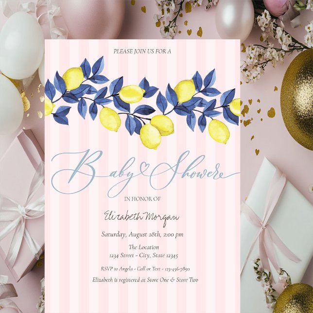 Invitation Aquarelle Citrons Baby Shower Rayures Roses (Créateur téléchargé)
